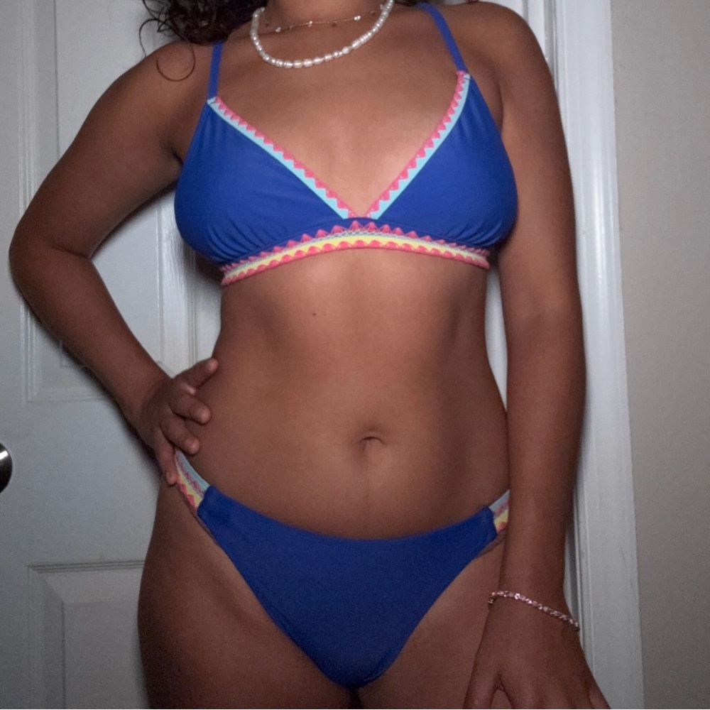 Xhilaration Juniors' Crochet Trim Triangle Bikini Top in Blue